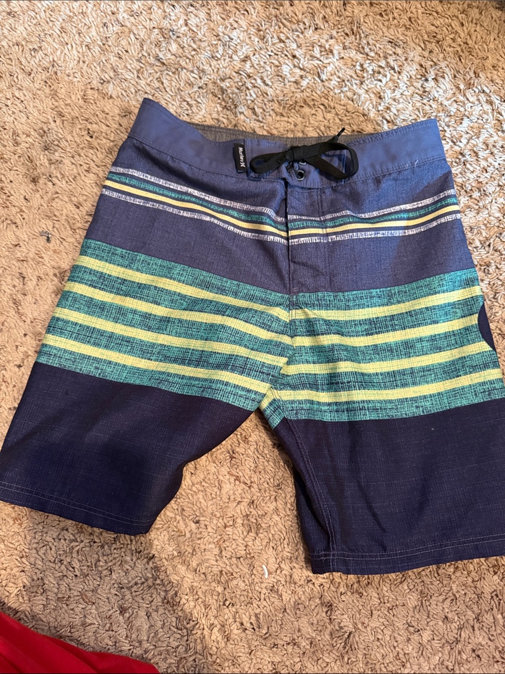Hurley Navy, Teal & Yellow Striped Kids Swim Board Shorts